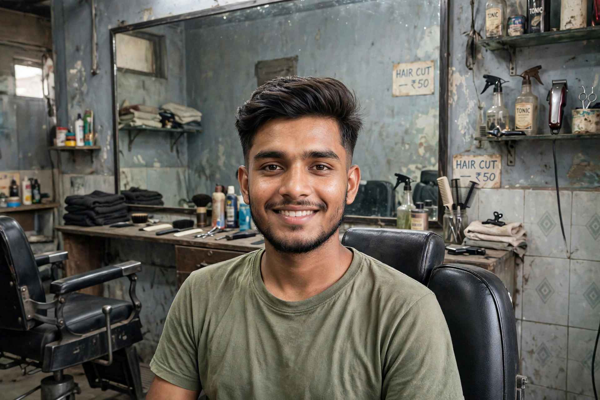 Same man with a stylish, modern haircut, looking confident